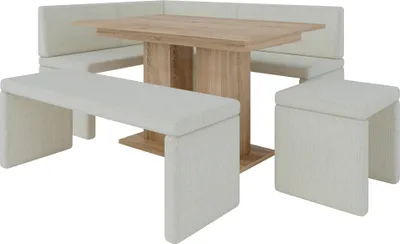 Image de Banquette d'angle AKIKO avec table et bancs 196x142 gauche - Ensemble de banquettes d'angle pour votre salle à manger, cuisine moderne, coin salon, coin repas. Parfait pour la cuisine, le bureau et la réception