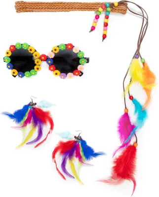 Produktbild von Flower Power Hippie Set mit Federn 3-teilig