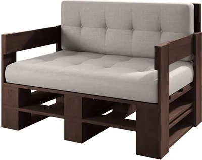 A wooden sofa made from pallets with light gray cushions, shown against a white background.