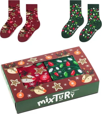 Produktbild von Set mit 2 Paar bunten Weihnachtssocken, Socken Größe 30-35 mit Rentier und Christbaumschmuck