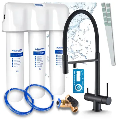 Immagine prodotto di Rubinetto da cucina Ari a 3 vie, modello Highflex, nero opaco, con doccetta estraibile, incluso sistema di filtraggio dell'acqua Aquaphor Kristall A