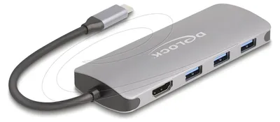 Image de Hub USB Delock, 7 ports, 10 Gbps, sortie HDMI 4K, connecteur Type-C, alimentation PD 3.0, angle 90°
