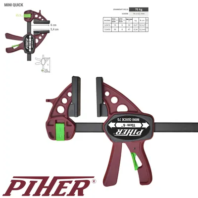 A maroon Piher Mini Quick Einhandzwinge clamp is shown against a white background, with a smaller diagram and a specification table above it.