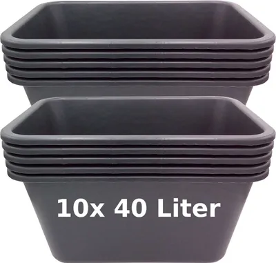 Two stacks of dark gray planters are shown against a white background. The bottom planter has text printed on it.