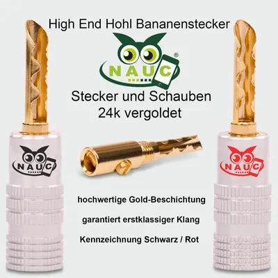 Produktbild von Hohl Bananenstecker 4mm schraubbar vergoldet 6x NAUC Stecker Lautsprecherkabel