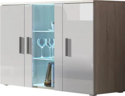 Produktbild von Furniture24 Kommode mit Blauer LED Beleuchtung SOHO S7 Sideboard Schrank Wohnzimmerschrank mit 3 Türen Sonoma/Weiß Hochglanz
