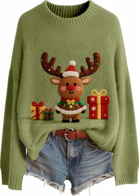 Image de Pull de Noël ASKSA pour femme,Pull col rond Sweater Automne Hiver Chaud Pull de Noël en tricot (C-Vert,XL)