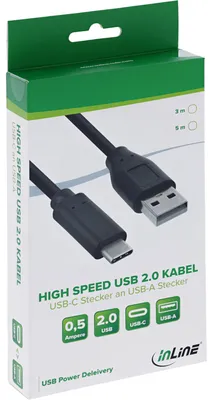 Produktbild von InLine USB 2.0 Kabel, USB-C Stecker an A Stecker, schwarz, 5m, 5 m, USB C, USB A, USB 2.0, 0,48 Gbit/s, Schwarz