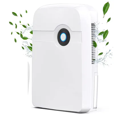 A white dehumidifier with green leaves and water splashes around it, suggesting fresh air and moisture removal.