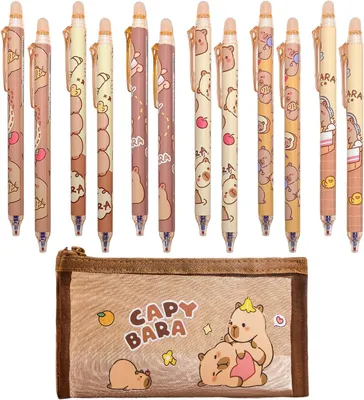 Produktbild von Radierbare Kugelschreiber mit Capybara-Motiv und 1 Etui – Set mit 12 Stück – Kugelschreiber mit Kappe – Notizbuch aus Leder – Wiederverwendbar
