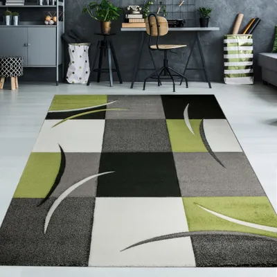 Produktbild von Designer Teppich mit Konturenschnitt Karo Muster Grün Grau Creme Schwarz Größe - 160 x 230 cm