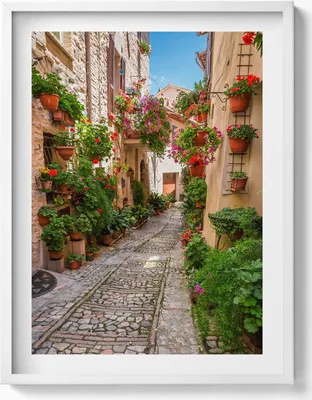 Produktbild von Blumenstraße in Italien– Wandbild mit Rahmen – Gerahmtes Bild  – Wanddekoration – 60x80 cm –  Weiß Rahmen