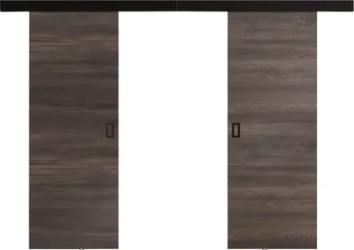 Two sliding doors with a dark wood grain finish are shown against a white background.