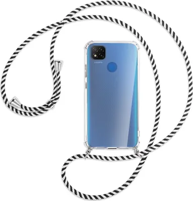 Produktbild von Handykette Backcover-Schutzhülle mit Band (Metall silberfarben) für Xiaomi Redmi 9C - schwarz/weiß gestreift