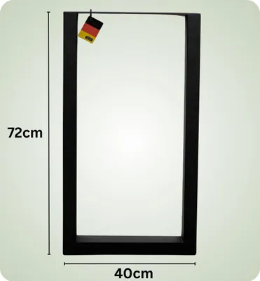 A black metal table leg frame with dimensions indicated.