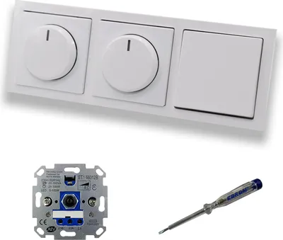 Produktbild von REV Ritter (2 x) LED Drehdimmer Dimmer + Busch Jäger Dimmerscheiben 6540-84-102 und Lichtschalter 2000/6 US in Future Linear Studioweiß glänzend inklusive EBROM Phasenprüfer zur Montage der Geräte