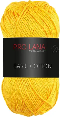 A ball of yellow yarn with a black label.