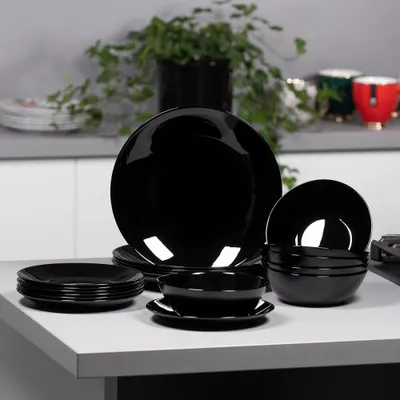 18 tlg. Tafelservice Geschirrset Schwarz Tafelset Glasgeschirr 6 Personen Hartglas Essservice Tellerset Opal