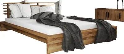 Produktbild von Bett Lubic 1 aus Wildeiche massiv 90x200 mit Sprossenkopfteil und Holzfußgestell