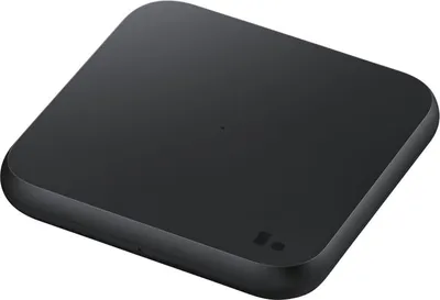 A black wireless charger pad is shown from a diagonal angle.