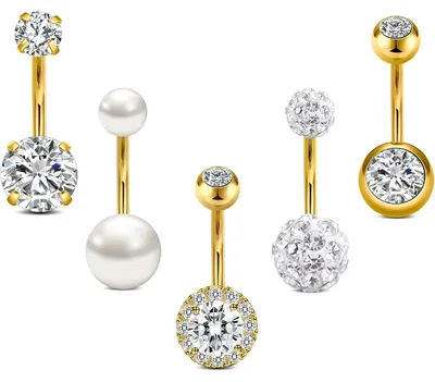 Zdjęcie produktu dla Zestaw kolczyków do piercingu pępka, 5 sztuk, 14G, stal chirurgiczna, srebrny, różowe złoto, kryształki, perły