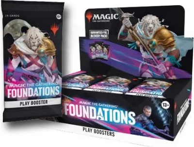 A Magic: The Gathering Foundations Play Booster pack and display box.