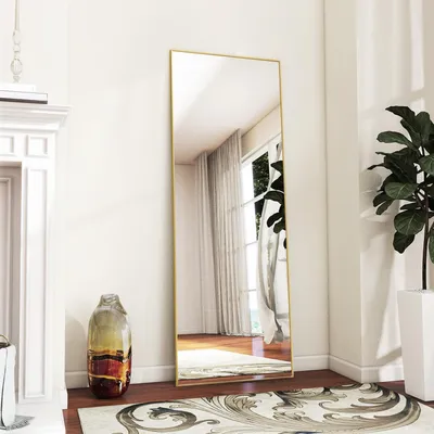 Produktbild von Koonmi 53x160 cm Große Standspiegel, Minimalistische schmaler Aluminiumrahmen, stehend oder hängend für Wohnzimmer und Schlafzimmer, Gold