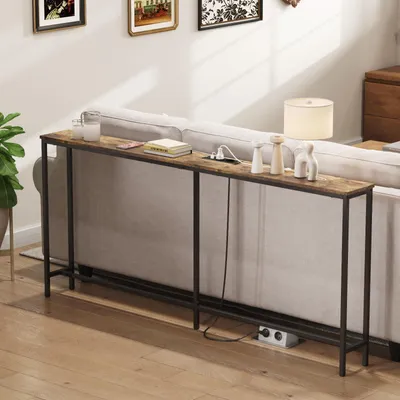 Schmale Konsole 180 cm mit Steckdosen & USB, Rustikales Braun