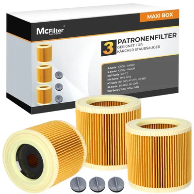Produktbild von McFilter | 3x Patronenfilter für Kärcher Staubsauger WD2, WD3, A-Serie, SE 4001, SE 4002, ersetzt Kärcher Filter 6.414-552.0, 6.414-772.0, 6.414-547.0
