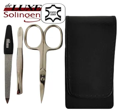 Produktbild von Solingen* Maniküre Set im Lederetui – Germany – Nagelschere, Saphirnagelfeile (grob/fein), Pinzette zur Nagelhautpflege – Echtes Leder Schwarz