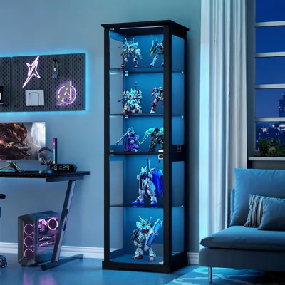 Immagine prodotto di Vetrina espositiva con illuminazione a LED e ante in vetro, dimensioni 40x50x180 cm, 5 ripiani, colore nero