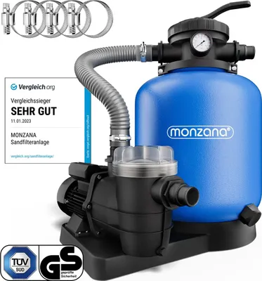 Produktbild von MONZANA® Sandfilteranlage SF96K 9600L/h bis 30.000L Pool Selbstansaugend 400 Watt 2in1 Adapter Ø32–38mm 7Wege Ventil Sandfilterpumpe Poolfilter