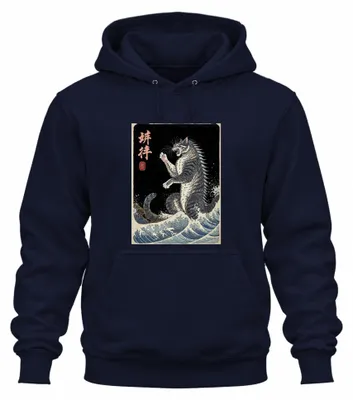 Obrázok produktu pre Mikina s kapucňou "Kampfkatze Ukiyoe Meereswellen", japonský vintage dizajn, tmavomodrá, veľkosť XL