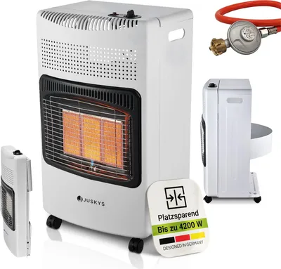 Produktbild von Juskys Keramik Gasheizung GS42US - Weiß - 4200 Watt mit 3 Heizstufen, Druckregler & Schlauch - Mobil, effizient & energiesparend - Gasheizer Gasheizofen Gasheizgerät Heizstrahler