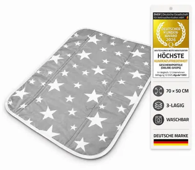 Produktbild von all Kids United Premium Baby Wickelauflage 3-lagig 70x50 cm, Stern-Grau, wasserdicht, abwaschbar & weich gepolstert für den Wickeltisch
