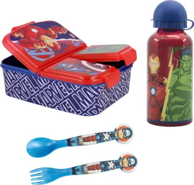Produktbild von Marvel Avengers Kinder Set 4tlg 3 Kammern Brotdose Alu-Trinkflasche Besteck