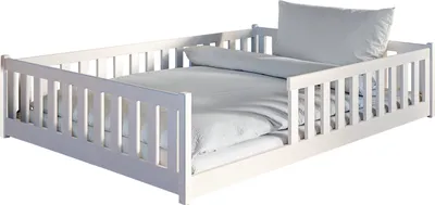 Produktbild von Kinderbett Bodenbett 140x200 cm Bett mit Matratze, Rausfallschutz & Lattenrost Montessori Kinder Jugendbett | weiss Kiefer Holz massiv Junge Mädchen