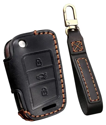 Image de Étui en cuir pour clés de voiture, compatible avec les modèles VW et Skoda - Noir