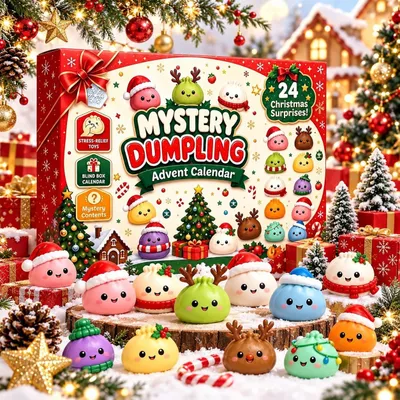 Obrázek produktu pro Squishy Dumpling Adventní Kalendář 2026 s 24 Figurkami Dumpling Squishy Adventní Kalendář 2026 pro Děti TPR Antistresová Hračka Box 20x30cm Barevný