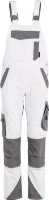 A pair of white and gray overalls shown front-on against a white background.