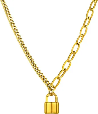Imagen del producto de Collar con dije de candado, ajustable a 46 cm + 5 cm, fabricado en acero inoxidable, para hombres y mujeres