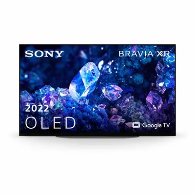 A Sony Bravia XR OLED TV displaying a vibrant, abstract image of blue and purple crystals.