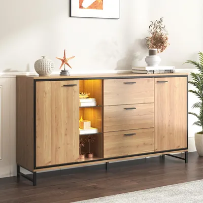 Zdjęcie produktu dla Komoda Merax z 3 szufladami, wyposażona w oświetlenie LED, szafka do salonu z przegródkami i regulowanymi półkami, imitująca drewno, kolor: czarny i naturalny