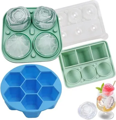 Immagine prodotto di Stampo per cubetti di ghiaccio in silicone 3D - Coperchio a imbuto - Cocktail, whisky, birra, vino - Rosa diamante, quadrato, Honeykorn - Set da 3 pezzi