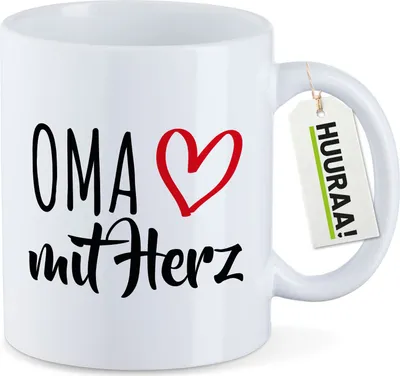 Produktbild von Huuraa Kaffeetasse Oma mit Herz 330ml Weiß Keramik Kaffeebecher Geschenkidee