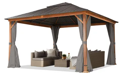 Immagine prodotto di TOOLPORT Gazebo da giardino 4x4 m look legno, tetto Hardtop in acciaio, 4 teli laterali color grigio