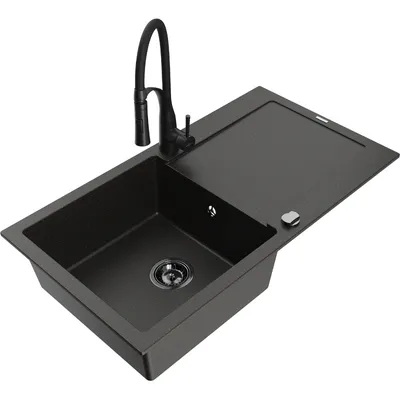 Zdjęcie produktu dla Mexen Leo zlewozmywak granitowy 1-komorowy z ociekaczem i baterią kuchenną Aster, czarny/złoty metalik - 6501-75-73450-70-B