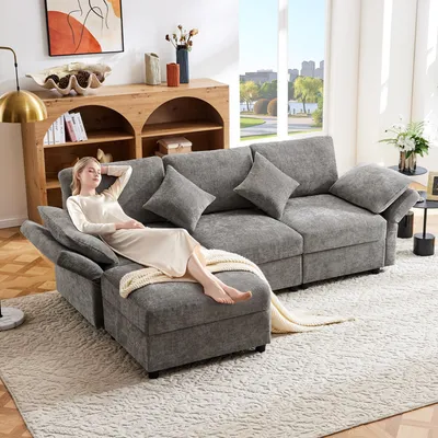 Immagine prodotto di Divano angolare Merax, Soffa a L con funzione letto, 4 cuscini, poggiapiedi, braccioli regolabili, divano da salotto, set di divani, lino, grigio