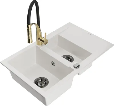 Image de Mexen Gaspar évier en granit 1,5 bac avec égouttoir et mitigeur Aster, blanc - 6507-20-73450-57-B