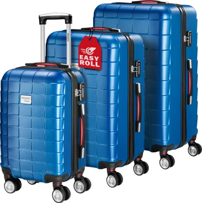 Three blue suitcases of varying sizes are arranged diagonally against a white background.